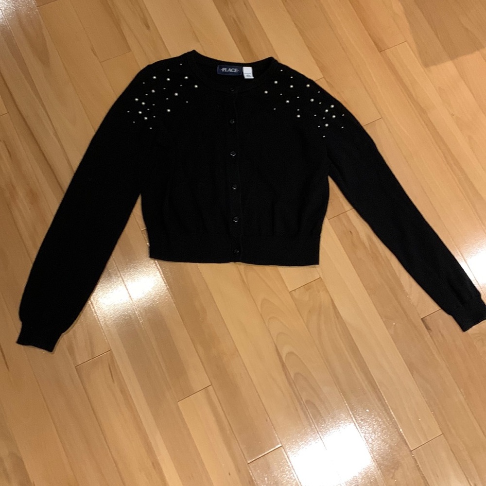 Black Children’s Place Button Up Cropped Knit Cardigan with Fake Pearls -size 14
